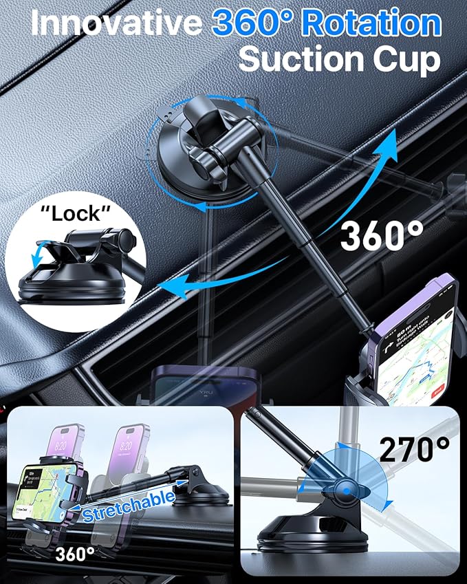 [2025 True Military-Grade] Car Phone Holder [Upgraded Strongest Suction & Clip] Cell Phone Mount for Dashboard Windshield Vent,Truck Cradle Stand for iPhone 16 Pro Max Samsung Android (Black)