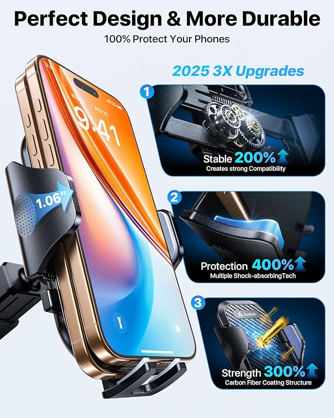 andobil Car Phone Holder Mount (Bumpy Roads Friendly) Military-Grade Phone Holders for Your Car Dashboard Windshield Air Vent Cell Phone Car Mount for iPhone 16 Pro Max 15 14 13, Samsung Silver