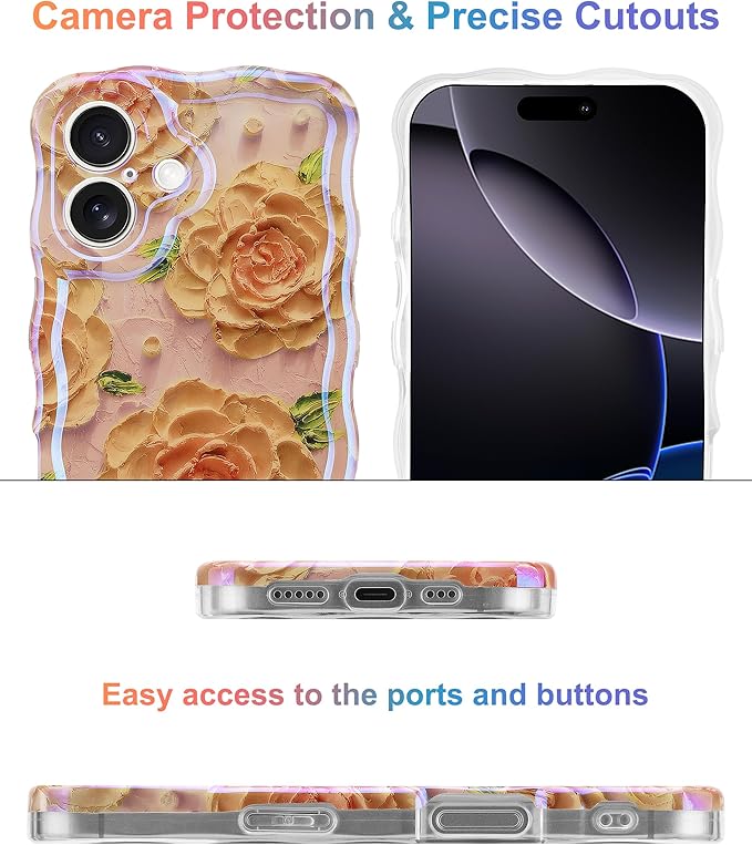 Jusy Compatible with iPhone 16, Colorful Retro Oil Painting Printed Flower Laser Glossy Pattern Cute Curly Wave Phone Case Soft TPU Cover for Girly Women - Pink Rose