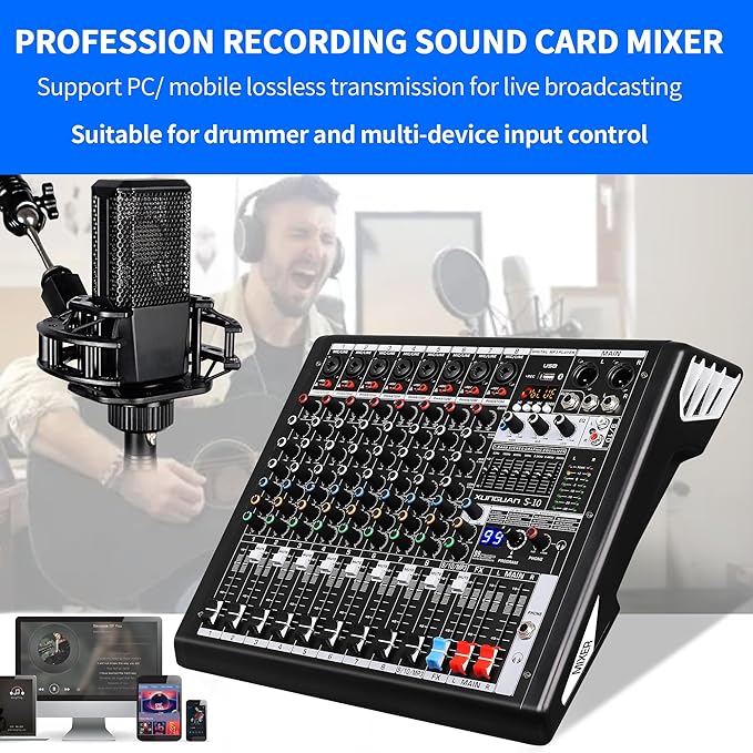 S-10 Audio Mixer 10 channel 8 channel Professional DJ Mixing Console with Reverb MP3 Player Bluetooth 48V Phantom Power Supply USB Recording for Studio Karaoke Live Music