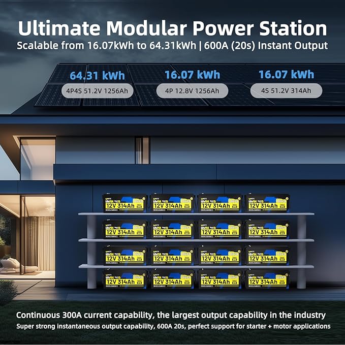 12V 314Ah LiFePO4 Lithium Battery for Golf Cart - 300A BMS, Built-in Metal Frame & Bluetooth 5.0, Full Metal 8000+ Deep Cycles Batterys, Perfect for Energy, RV, Solar, Trolling Motor
