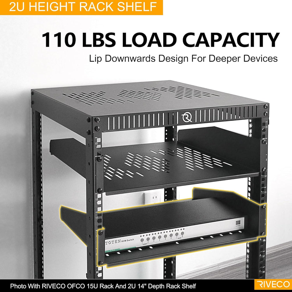 RIVECO 2 PCS 2U Rack Shelves 14 Inch Depth, Rack Mount Vented Cantilevers for Server 19" Server Racks & Network Cabinets Black