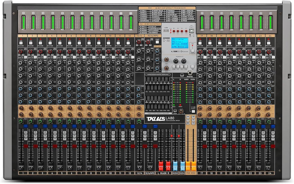 Professional Audio Mixer, 24 Channel Sound Board Mixing Console, Dual DSP Reverb, Dual 7-Band EQ, 48V Phantom Power, 4 Group Stereo Output Input, Mixer for Church
