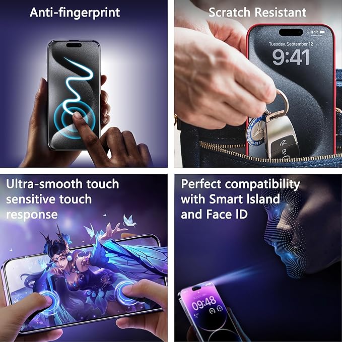 (2-Pack Anti-Spy Privacy Screen Protector for iPhone 14 Pro Max/15 Plus/16 Plus(6.7-Inch),9H Tempered Glass,Full Coverage,Anti-Fingerprint,Auto Dust Removal,Bubble-Free,Easy Installation