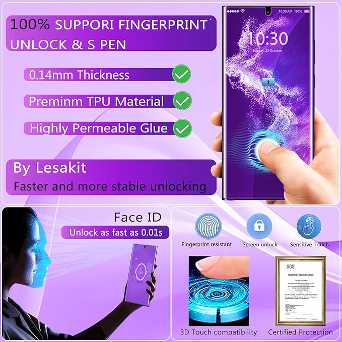 [2+2 Pack] Lesakit Anti-Blue Light Privacy Screen Protector for Samsung Galaxy S22 Ultra 6.8 inch with 2 Pack Camera Lens Protector, [Support Fingerprint ID] Anti Spy TPU Flexible Screen Protector-