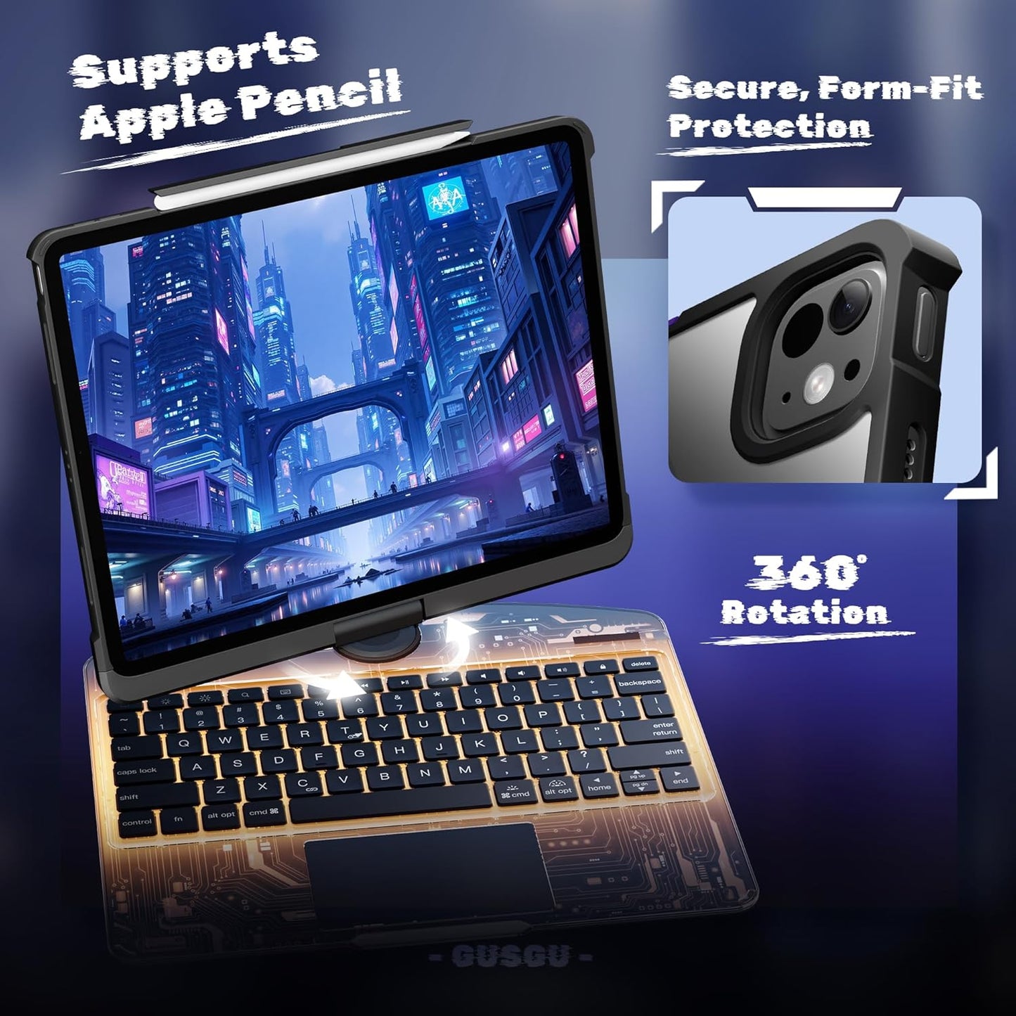 KITONE Transparent Case with Wireless Keyboard for iPad 10.2-in (7th, 8th, and 9th Gen), 7 Colors Backlight, Trackpad, 360°Rotating Stand, Tech Style