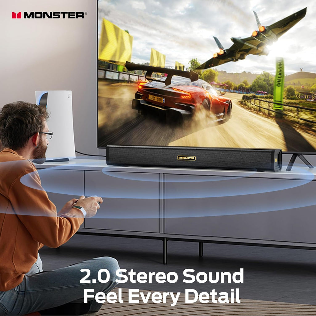 Monster S220 Bluetooth Soundbar for TV, Bluetooth 5.4 Sound Bar, 2.0CH with Dual Bass Diaphragm, All-in-one Home Theater Speakers, Compact, AUX/USB/TF Card Connection for TV/PC/Gaming/Projectors