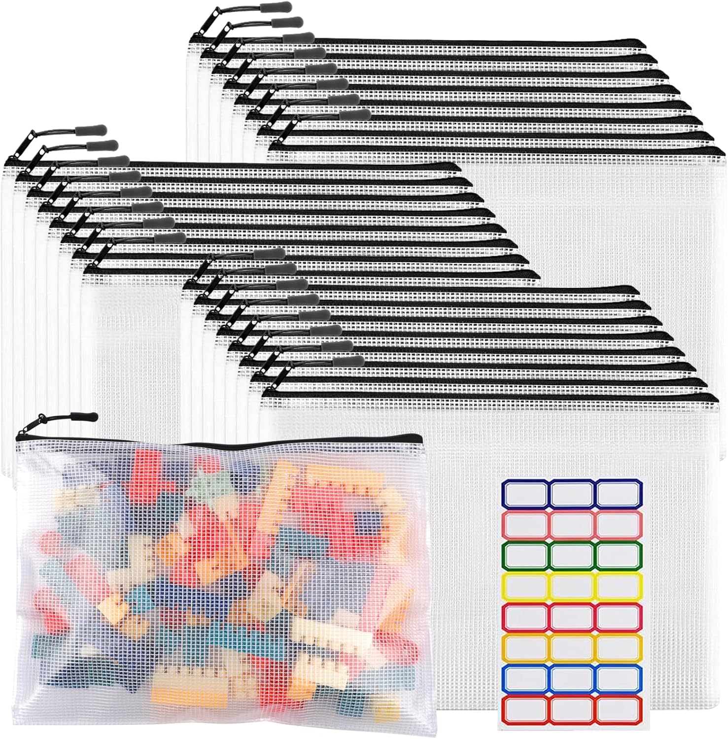 24pcs Large Mesh Zipper Pouch File Bags YOPCDJ Reusable Zippered Pouches for Organizing Classroom, Board Game Storage, Puzzle Bags Black