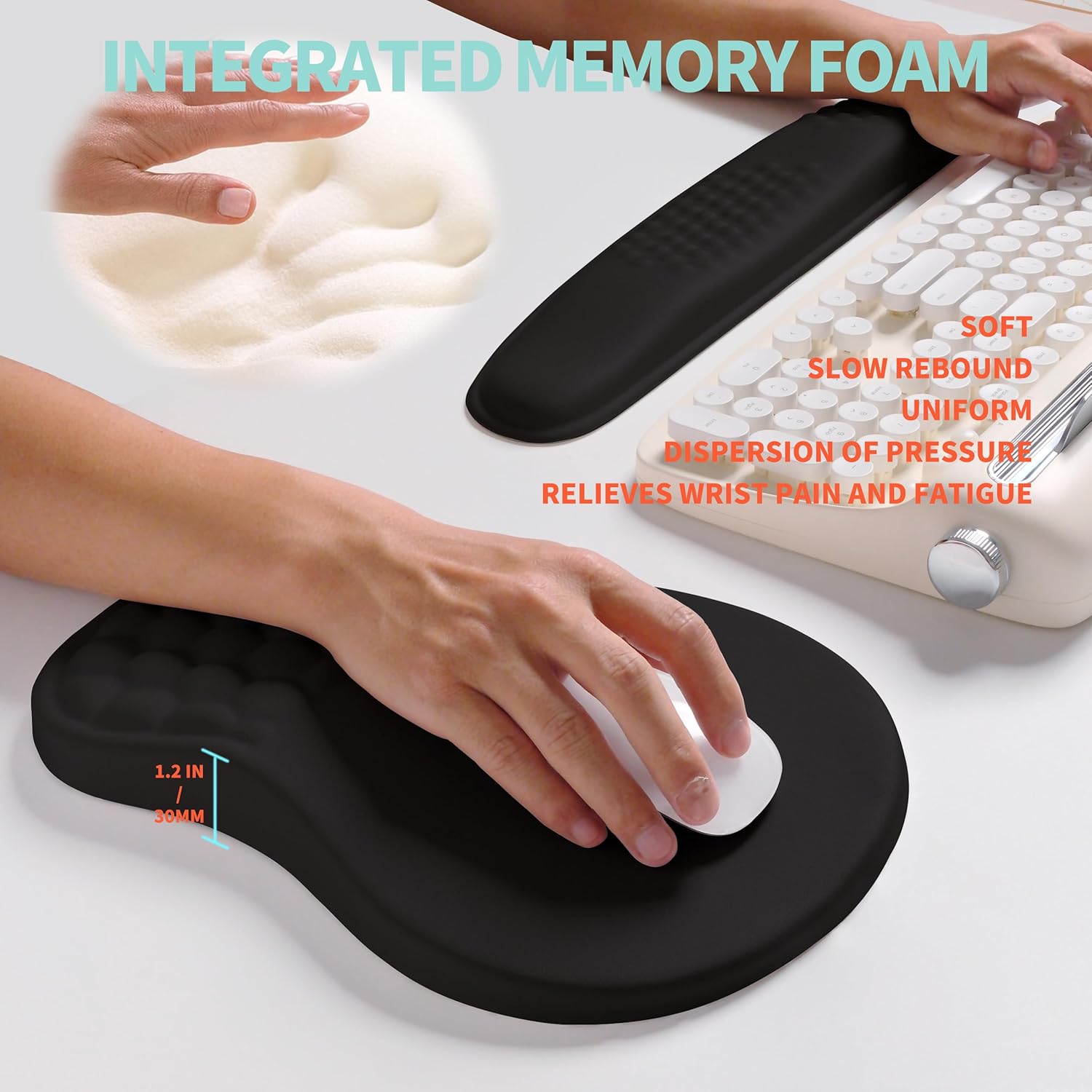 2-in-1 Ergonomic Set, Wave Rise Keyboard Wrist Rest and Massage Bulge Slope Mouse Pad Wrist Support, Cushion Memory Foam Integrated to Relieve Wrist Pain, Black