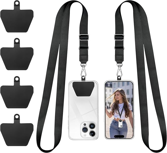 Doormoon Phone Lanyard, Adjustable Neck Strap with 4 TPU Patch for Phone Case Keys ID Badges Universal Cell Phone Lanyard Compatible with iPhone, Samsung, Most Smartphones, 2 Pack, Black Black