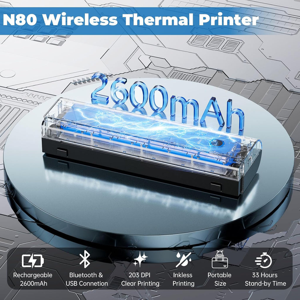 Portable Thermal Printer For Travel - N80 Inkless Bluetooth Printers, Wireless Impresora Portátil with 8.5"x11" US Letter Thermal Paper, Compatible with Phone, iOS, Android, Laptop For Home Office Car