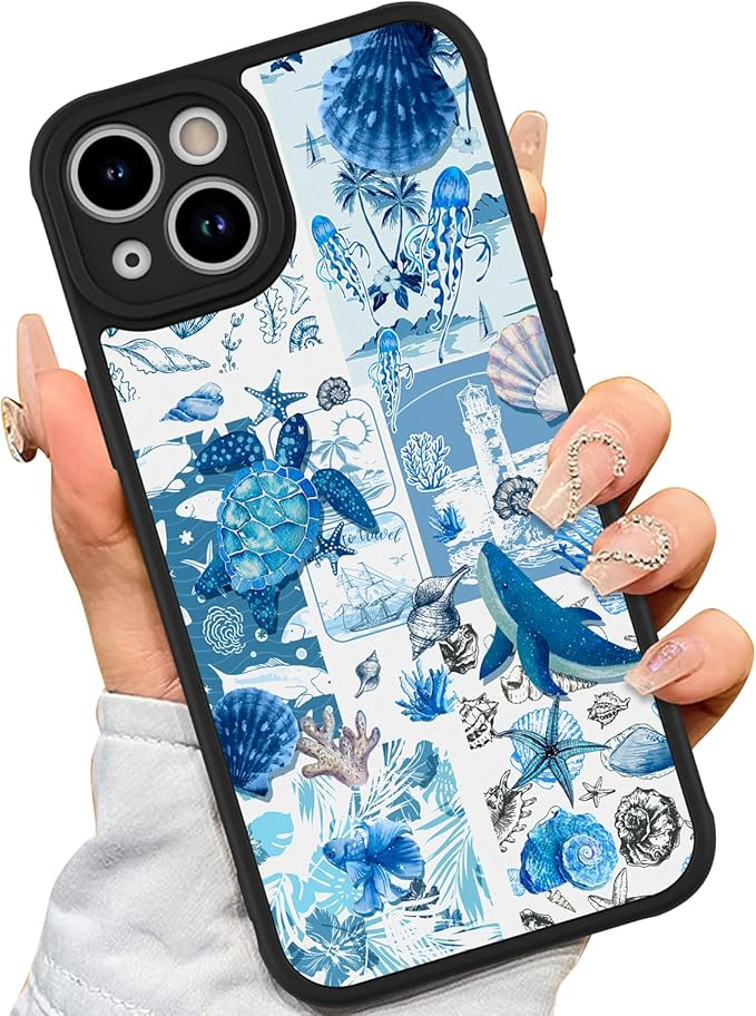 AIGOMARA Case for iPhone 15 Plus [Compatible with MagSafe] Blue Turtle Shell Ocean Collage Pattern Design for Women Girls Men Soft TPU Bumper Hack PC Back Shockproof Protective Slim Magnetic Cover