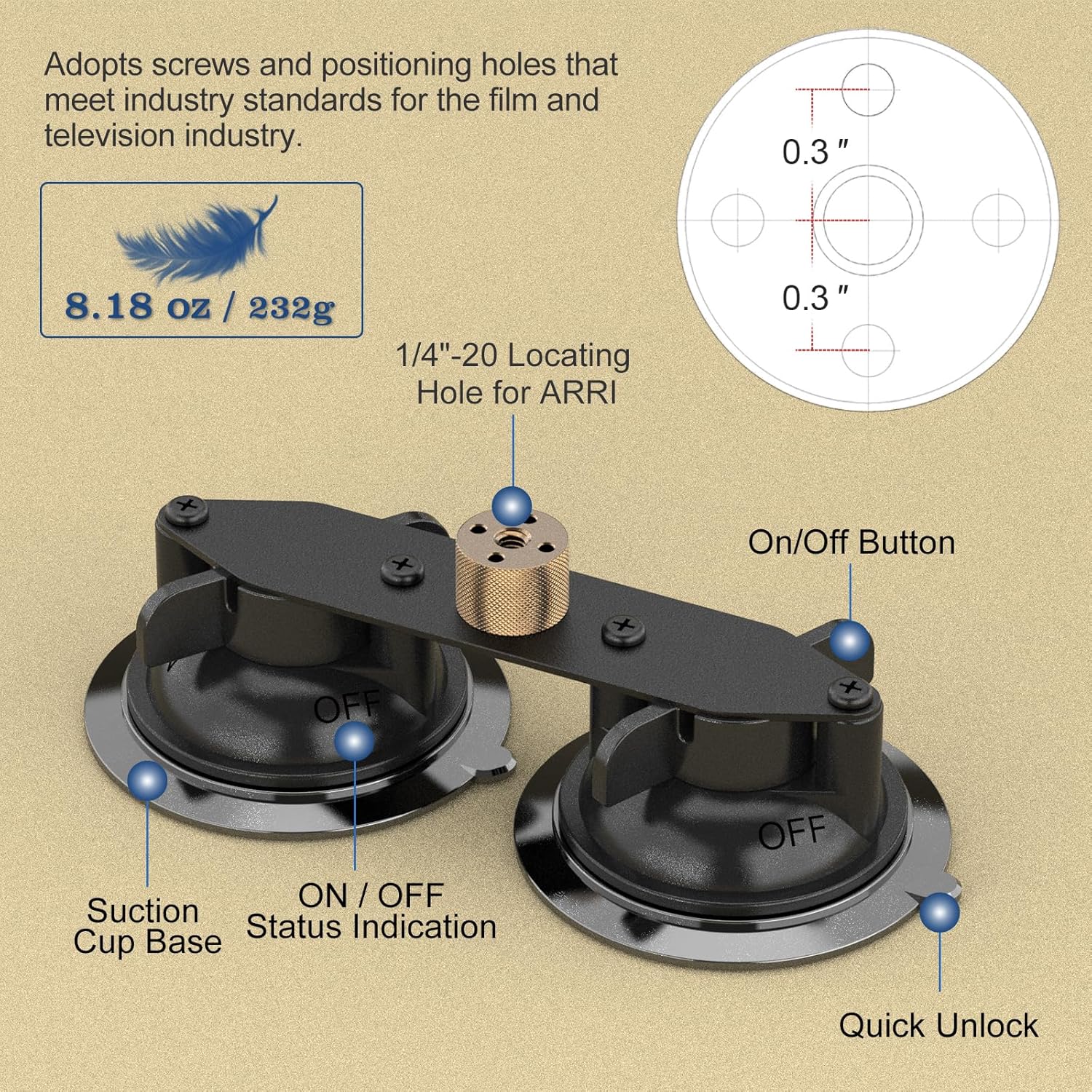 MINIFOCUS Dual Suction Cup Mount, Twist-Lock Dual Suction Cup Base with Camera Thread Adapter, Quick Release Double-Layer Suction, Windshield Window Car Mount for Magic Arm Gopro Adapter