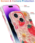 Jusy Compatible with iPhone 15, Colorful Retro Oil Painting Printed Flower Laser Glossy Pattern Cute Curly Wave Phone Case Soft TPU Cover for Girly Women - Strawberry Flower