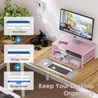 Desk Organizers and Accessories, 2-Tier Computer Monitor Stand Riser with Drawer, Laptop Stand, Office Desk Accessories, Workspace Desktop Organizer for Office Supplies, Pink