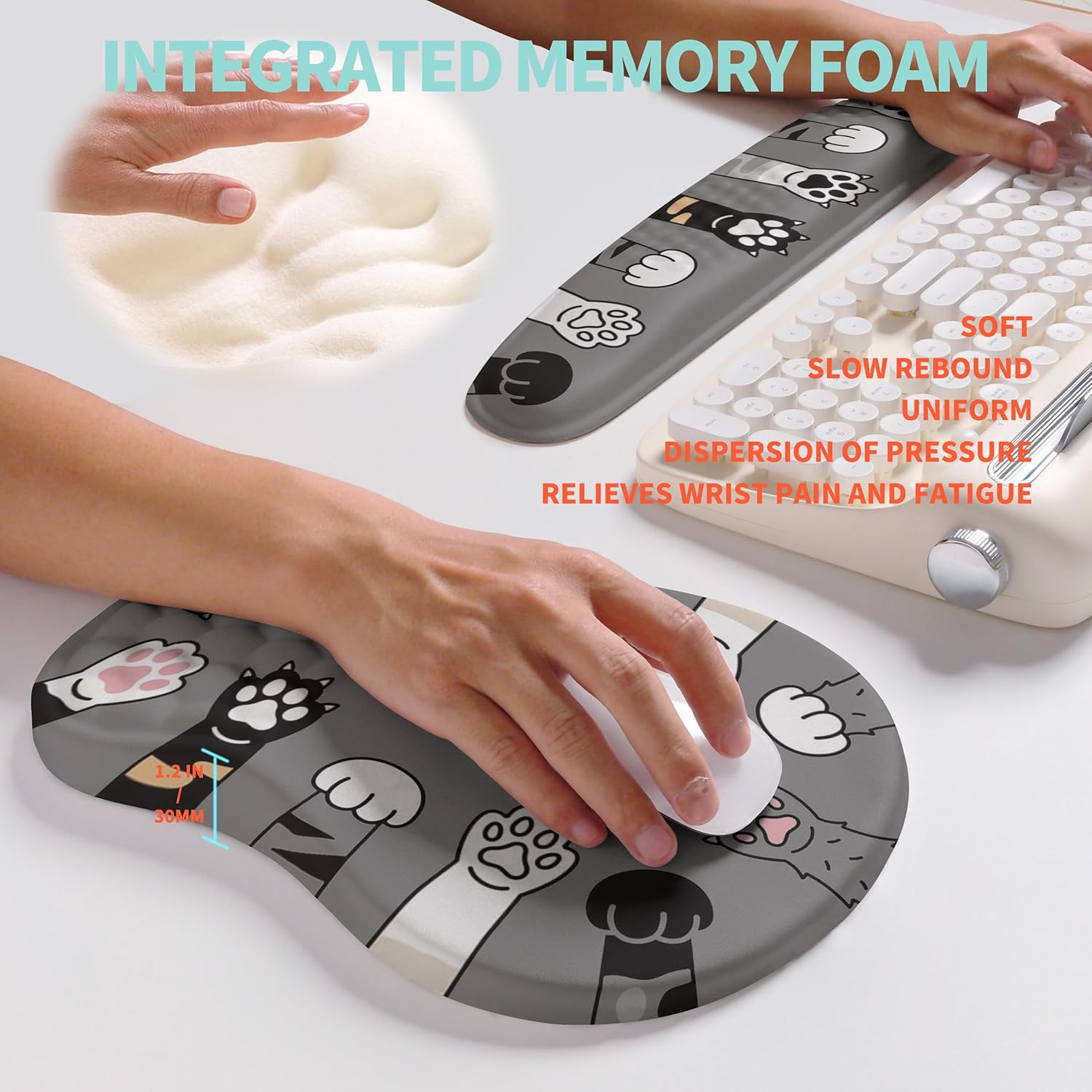 2-in-1 Ergonomic Set, Wave Rise Keyboard Wrist Rest and Massage Bulge Slope Mouse Pad Wrist Support, Cushion Memory Foam Integrated to Relieve Wrist Pain, Cute Cat Paws