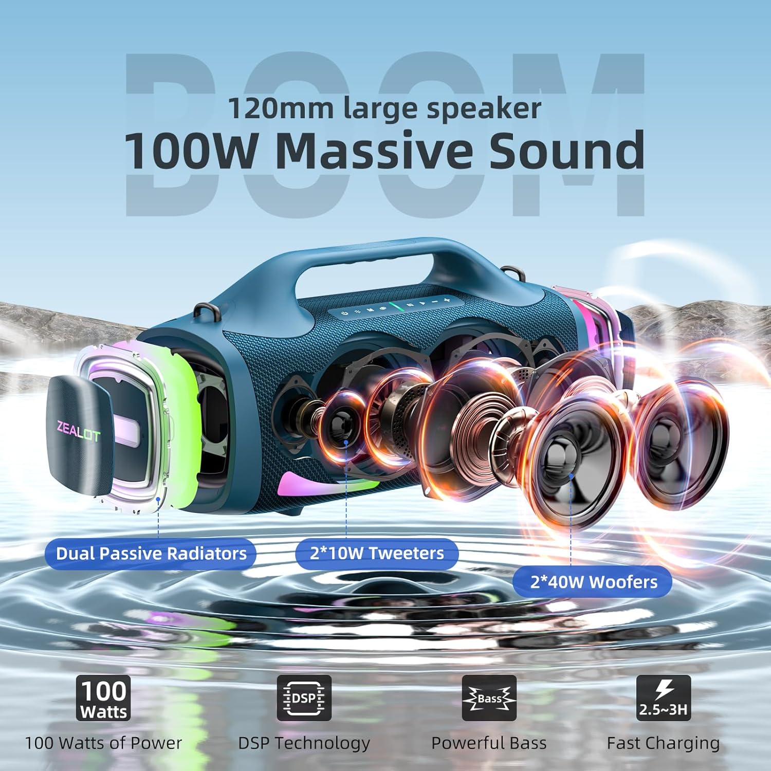 ZEALOT Bluetooth Speaker, 110W Peak(100W) Booming Sound Speakers Wireless, Dual Pairing, XBass, BT 5.3, 24000mAh Power Bank, Portable Outdoor Waterproof Speaker for Camping, Beach Party（Dark Blue