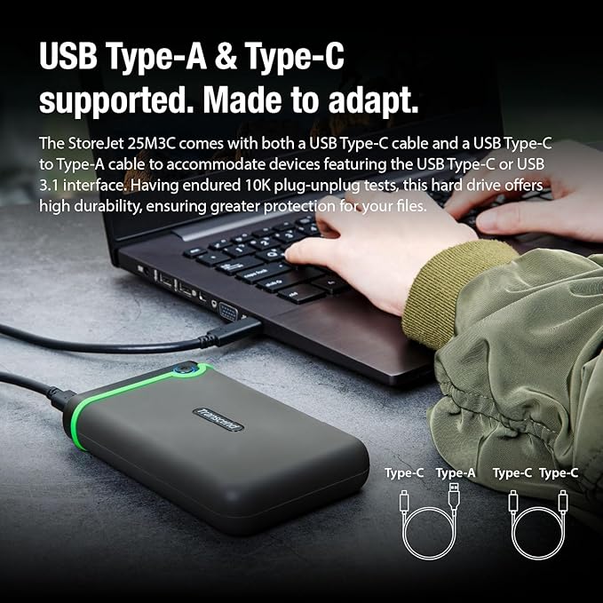 Transcend 4TB SJ25M3C, USB 3.1 Portable Hard Drive Rugged, Anti-Shock Resistant, Compact and Lightweight with Lightning-Fast Speeds, One Touch Backup Button, Type C, Iron Grey - TS4TSJ25M3C