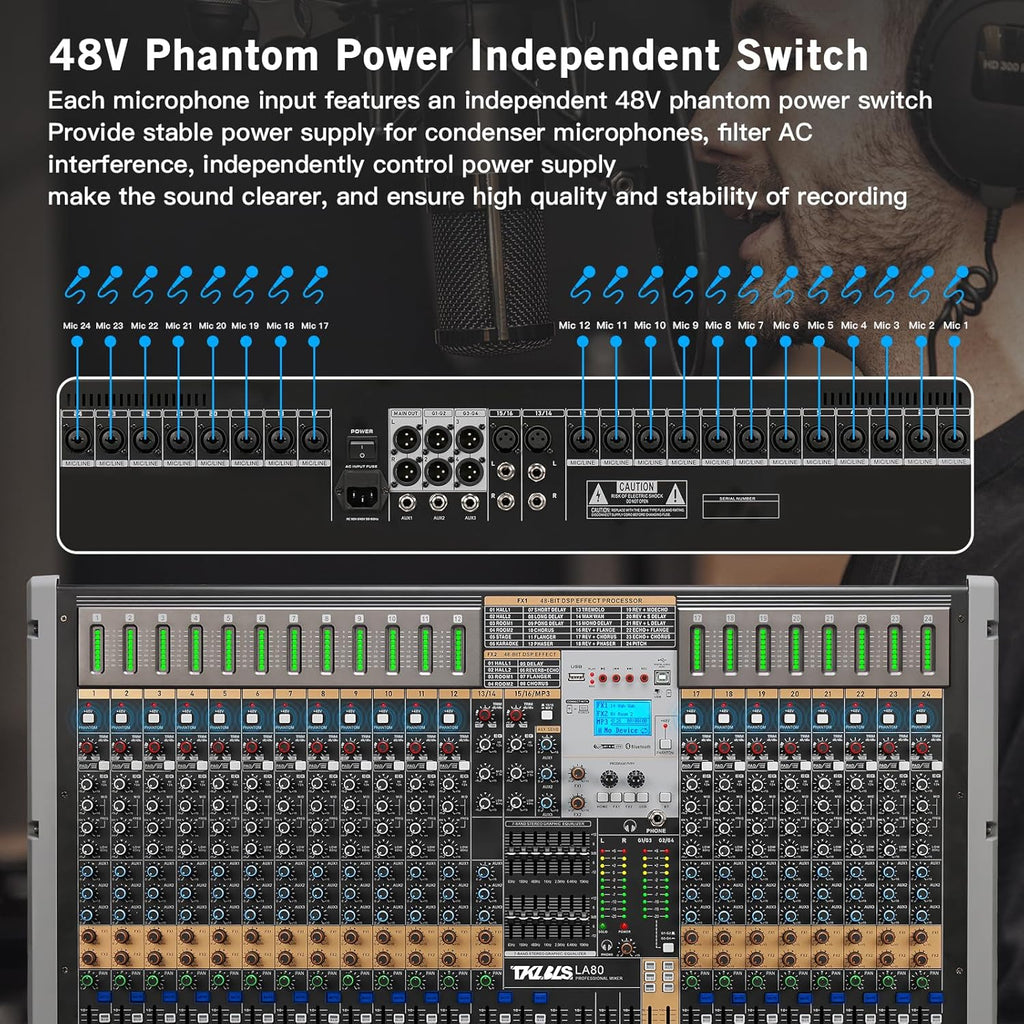 Professional Audio Mixer, 24 Channel Sound Board Mixing Console, Dual DSP Reverb, Dual 7-Band EQ, 48V Phantom Power, 4 Group Stereo Output Input, Mixer for Church