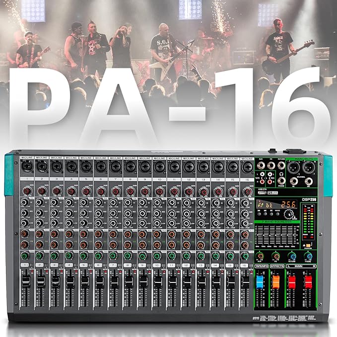 Depusheng PA16 Professional Audio Mixer Sound Board Console Desk System Interface 16 Channel Digital USB Bluetooth MP3 Computer Input 48V Phantom Power Built-in 256 Reverb Effect, Black