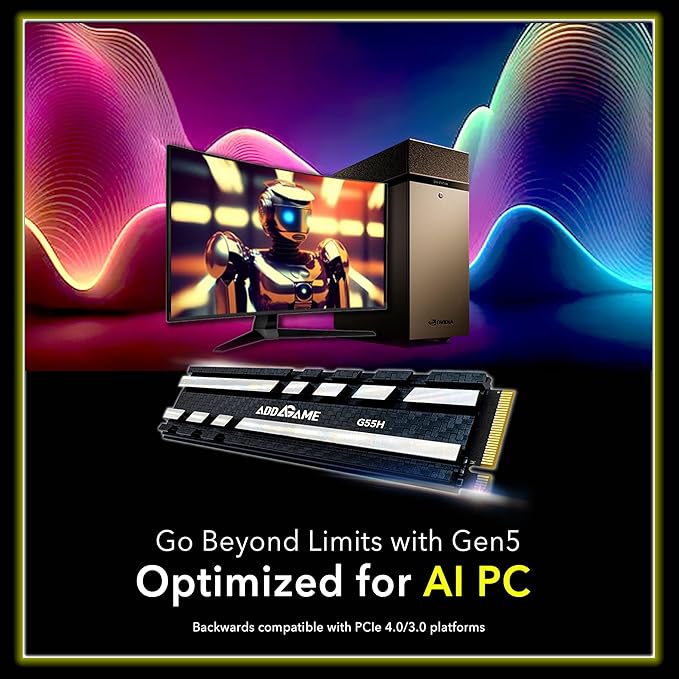Addlink G55H 1TB PCIe 5.0 Gen5 NVMe M.2 SSD with Heatsink - Up to 10,200 MB/s - Game Ready - Internal Solid State Drive - Compatible with PCs and PS5 (ad1TBG55HM2P)