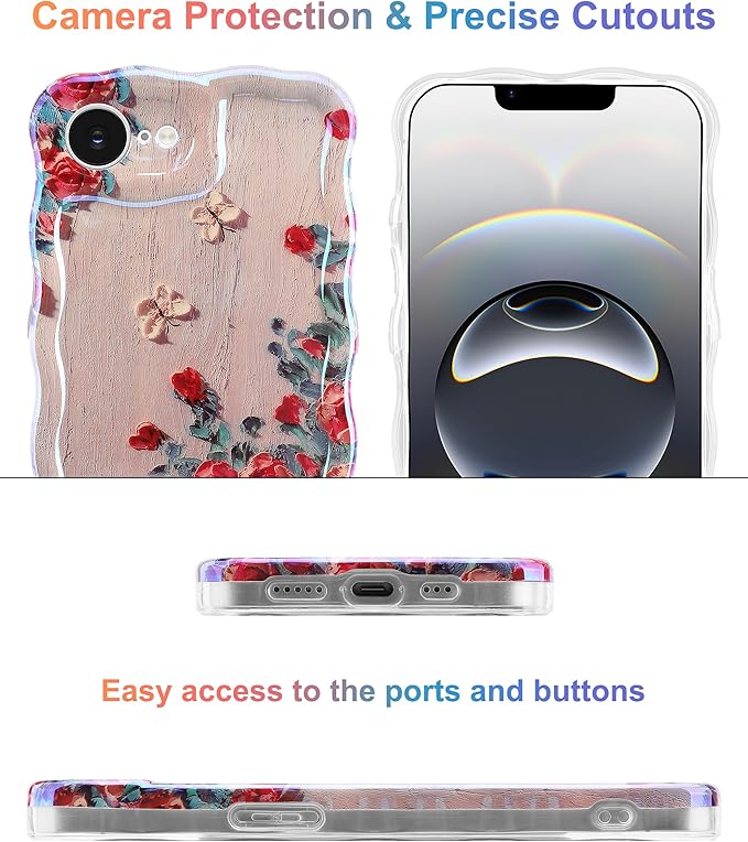 Jusy Compatible with iPhone 16e, Colorful Retro Oil Painting Printed Flower Laser Glossy Pattern Cute Curly Wave Phone Case Soft TPU Cover for Girly Women - Beige