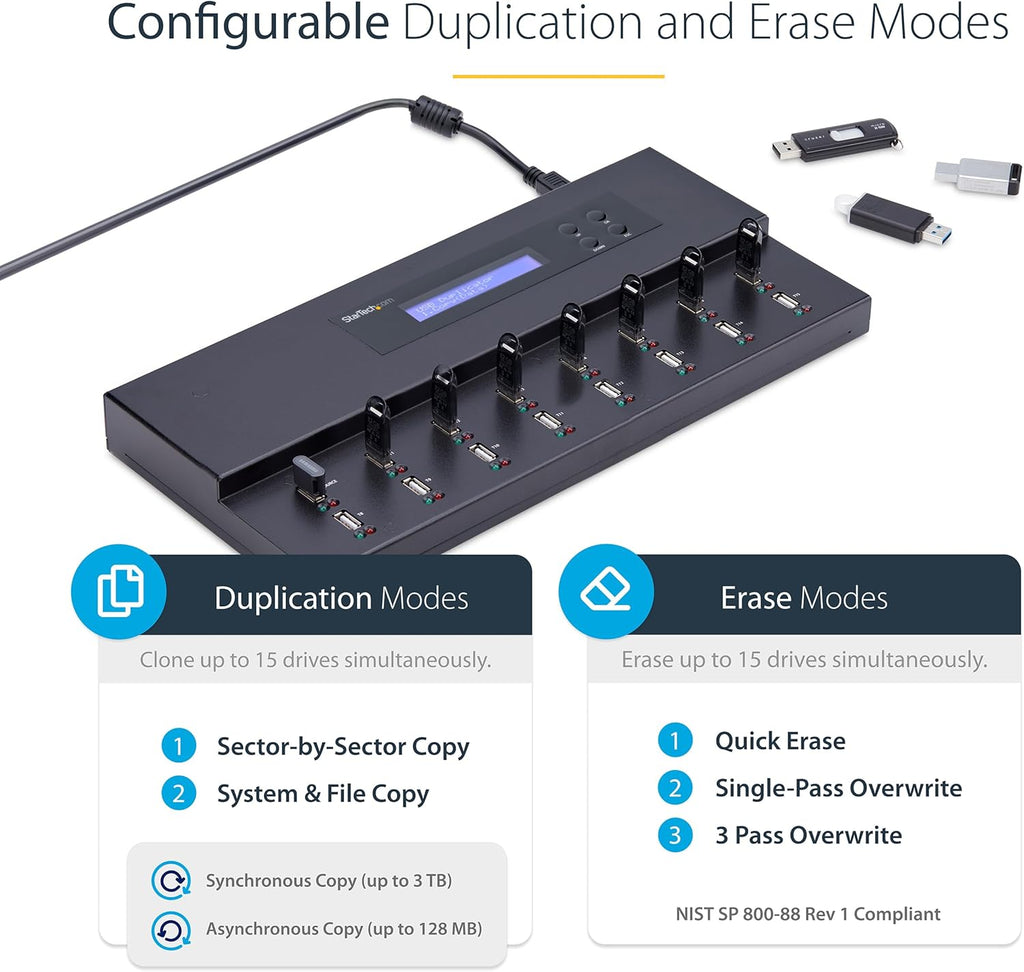 StarTech.com Standalone 1 to 15 USB Flash Drive Duplicator/Cloner/Eraser, Multiple USB Thumb Drive Copier / Sanitizer, System File / Sector-by-Sector Copy, 1.5 GB/min, 3-Pass Erase, LCD, TAA