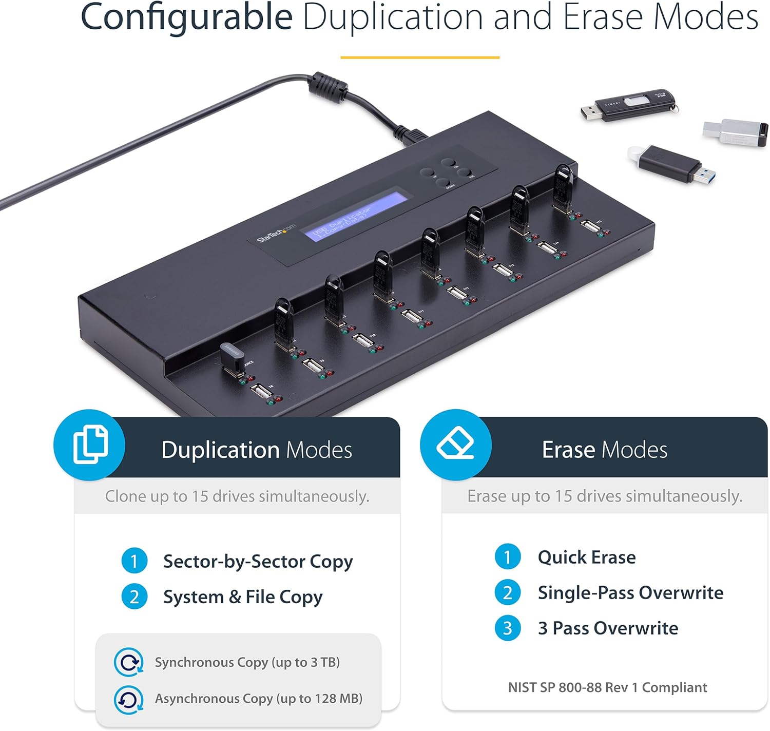 StarTech.com Standalone 1 to 15 USB Flash Drive Duplicator/Cloner/Eraser, Multiple USB Thumb Drive Copier / Sanitizer, System File / Sector-by-Sector Copy, 1.5 GB/min, 3-Pass Erase, LCD, TAA