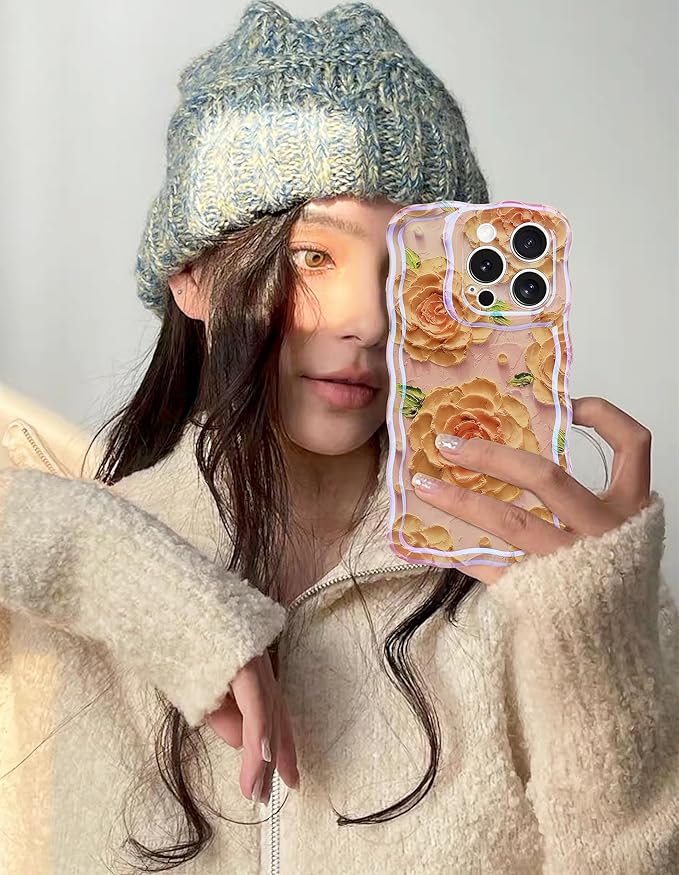 Jusy Compatible with iPhone 13 Pro Max, Colorful Retro Oil Painting Printed Flower Laser Glossy Pattern Cute Curly Wave Phone Case Soft TPU Cover for Girly Women - Pink Rose