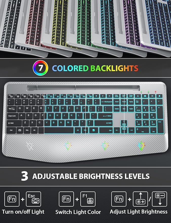 Wireless Keyboard and Mouse Backlits, Wrist Rest, LED Mouse, Rechargeable Ergonomic Keyboard with Phone Holder, Silent Light Up Combo for Computer, Mac, PC, Laptop, Chromebook (Silver Black)