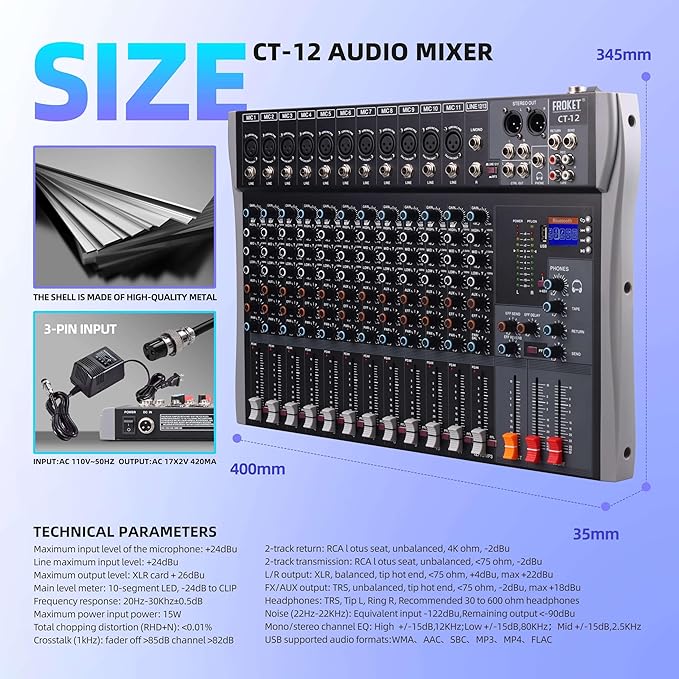 Pro DJ Mixer 12-Channel Audio Console - Bluetooth/USB Streaming, 48V Phantom Power, 3-Band EQ for Live Stage, Recording Studio & Karaoke Systems (CT-12)