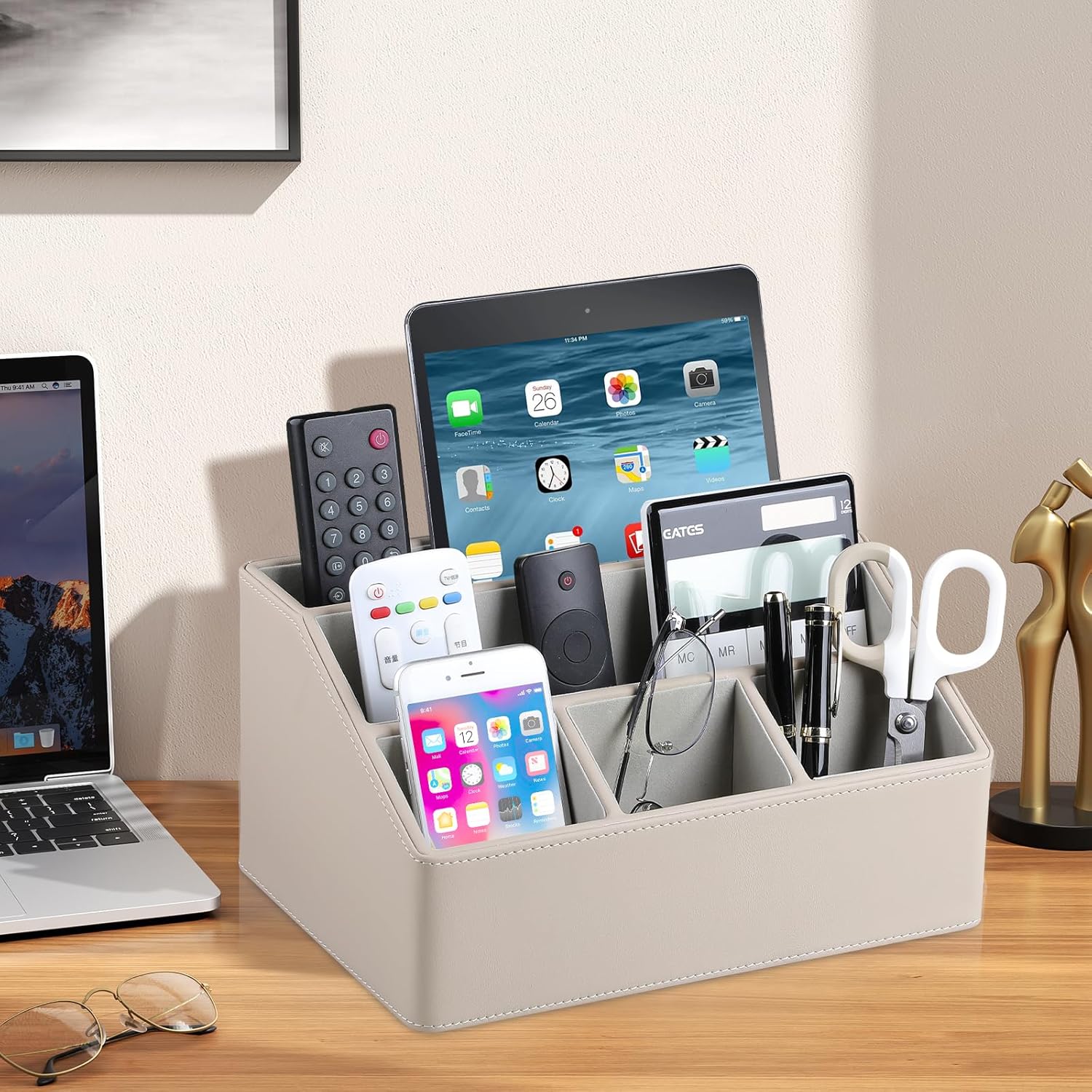 PU Leather Desk Organizer, Luxury Remote Control Holder for Home, Office Desk Accessories Table Caddy Bedside Nightstand Organizer (Dark Beige)