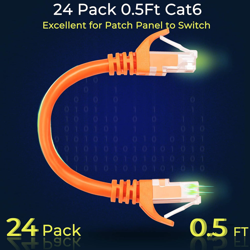 Rapink Patch Cables Cat6 0.5ft (24 Pack), Ethernet Patch Cable 10G Support, Cat 6 Patch Cable for Patch Panel to Switch, Flexiable Cat 6 Ethernet Cable with Gold Plated Orange