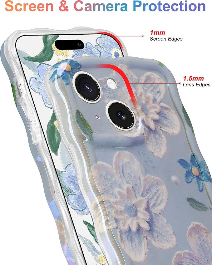 Jusy Compatible with iPhone 14 Plus/15 Plus, Colorful Retro Oil Painting Printed Flower Laser Glossy Pattern Cute Curly Wave Phone Case Soft TPU Cover for Girly Women - Blue Flower