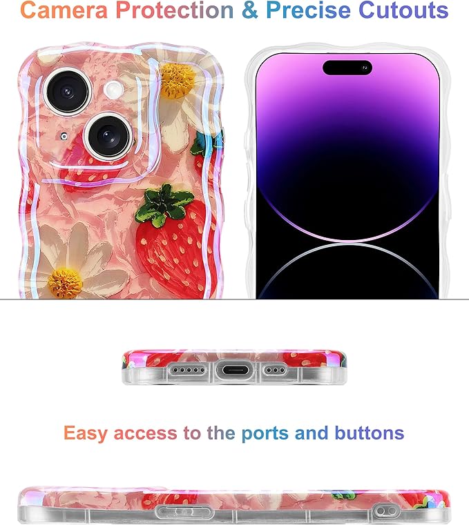 Jusy Compatible with iPhone 15, Colorful Retro Oil Painting Printed Flower Laser Glossy Pattern Cute Curly Wave Phone Case Soft TPU Cover for Girly Women - Strawberry Flower