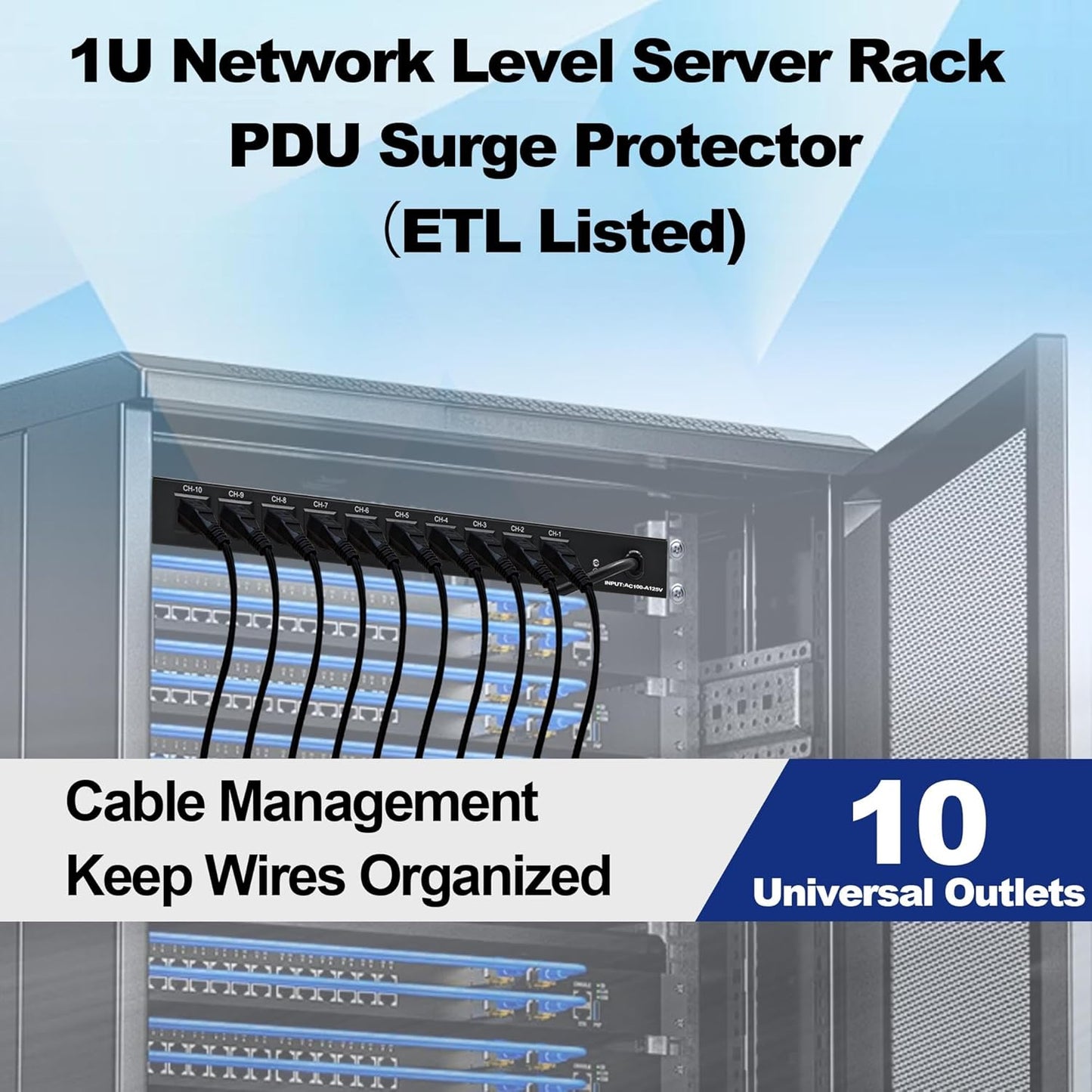 10 NEMA 5-15R Outlet Surge Protector PDU, 120V 15A 3600J 10KA, 1U Rack Mount Power Strip for Network Server Racks, AV Equipment, & More - 14AWG 6ft Cord, ETL Listed