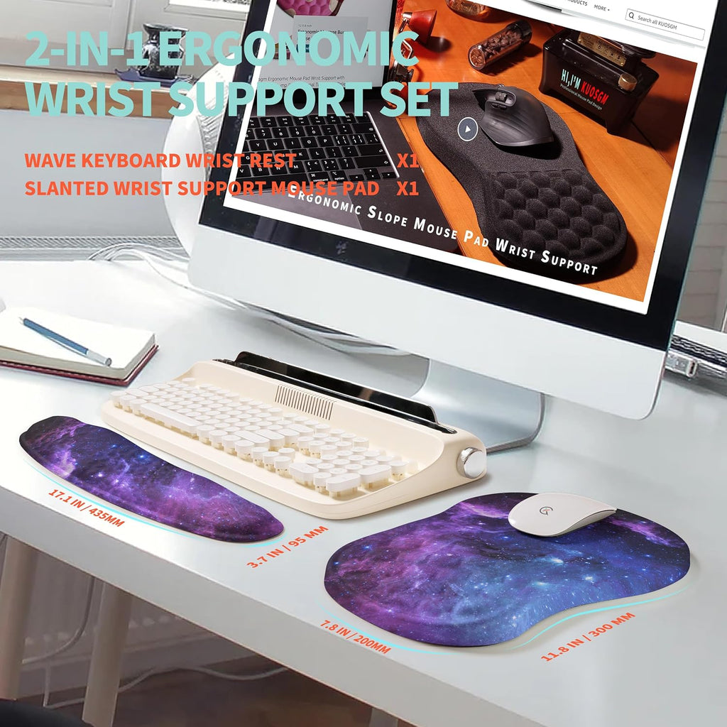 2-in-1 Ergonomic Set, Wave Rise Keyboard Wrist Rest and Massage Bulge Slope Mouse Pad Wrist Support, Cushion Memory Foam Integrated to Relieve Wrist Pain, Galaxy