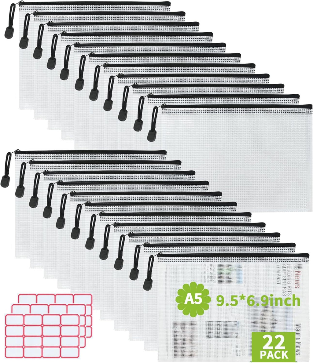 Vuzvuv A5-22 PCS 9.49"x 7.09"Mesh Zipper Pouch Set，Resistant Document File Folders Plastic Mesh Bag with Label Sticker for File, Document, Makeup, Board Game School Office Home Travel Storage