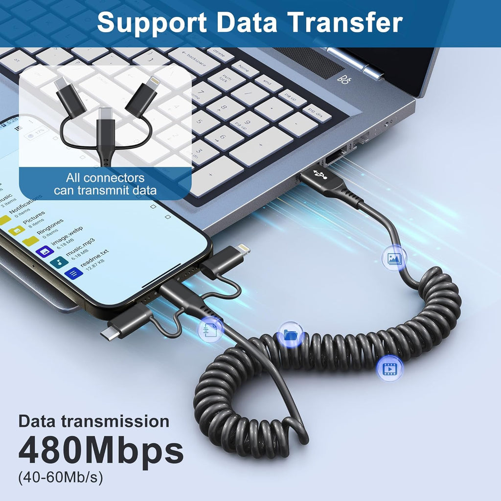 USB to USB-C Lightning Micro-USB Cable Combo 3 in 1 Coiled Cable Support Carplay & Android Auto [MFi & 3A Fast Charge & Data Sync] Coiled Lightning/USB C/Micro-USB Cable for iPhone 17 16 15 14 Android