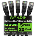 GEARit Cat 6 Ethernet Cable Pack - 5-Pack 20 ft Cat6 Ethernet Patch Cables | RJ45 Network Patch Cable, 10 Gbps Snagless Gold-Plated Connectors - Ethernet Cable Cat 6 for PC, TV, Router - Black
