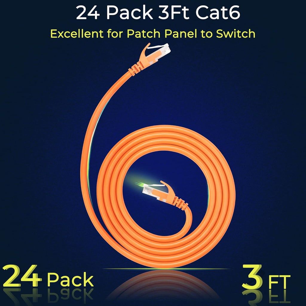 Rapink Patch Cables Cat6 3ft (24 Pack), Ethernet Patch Cable 10G Support, Cat 6 Patch Cable for Patch Panel to Switch, Flexiable Cat 6 Ethernet Cable with Gold Plated Orange