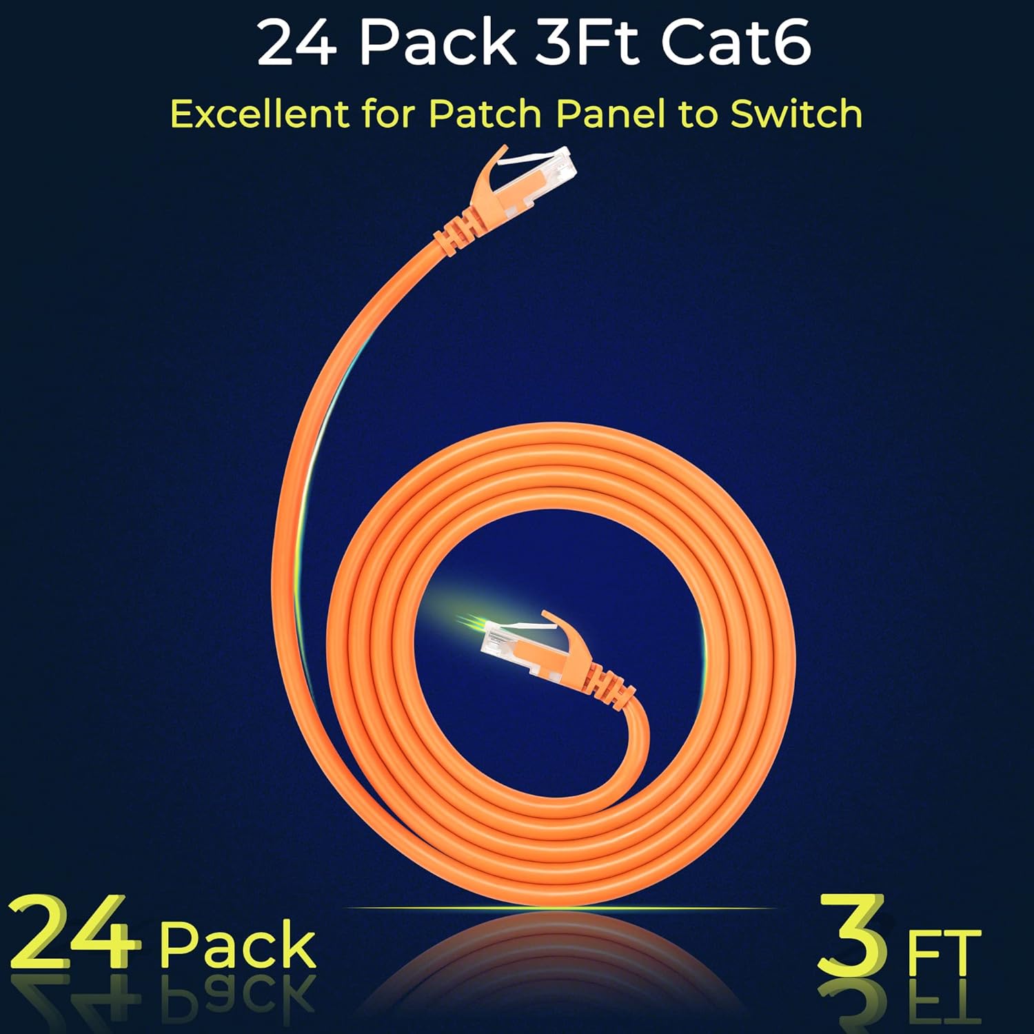 Rapink Patch Cables Cat6 3ft (24 Pack), Ethernet Patch Cable 10G Support, Cat 6 Patch Cable for Patch Panel to Switch, Flexiable Cat 6 Ethernet Cable with Gold Plated Orange