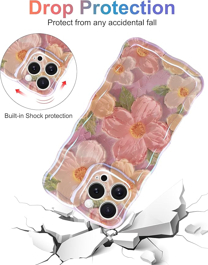 Jusy Case for iPhone 15 Pro Max, Colorful Retro Oil Painting Printed Flower Laser Blue Glossy Pattern Cute Curly Wave Phone Case Soft TPU Cover for Girly Women -Pink