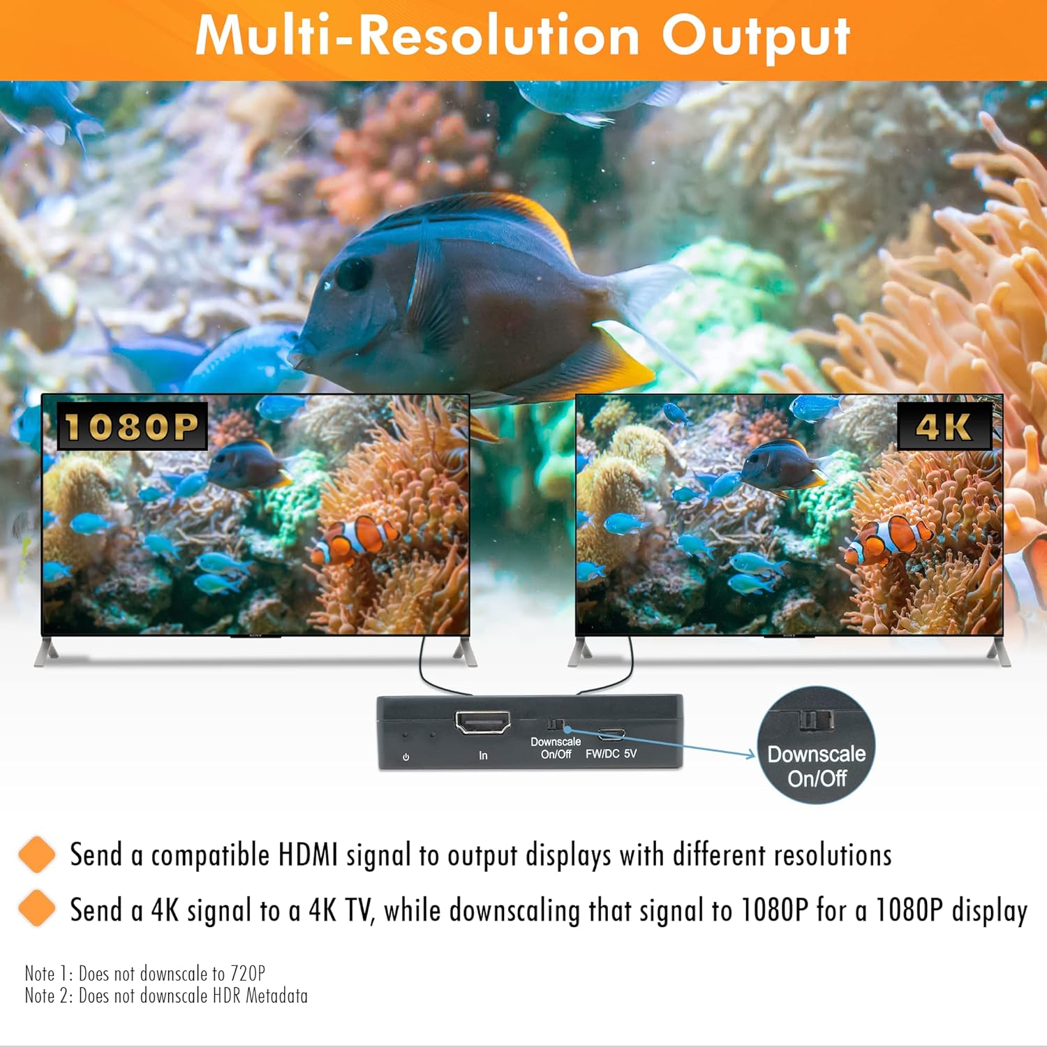 J-Tech Digital HDMI Splitter 1 in 2 Out 4K 60Hz Multi-Resolution Output (MRO) HDMI 2.0 Splitter Supports Downscale HDR HDR10 / Dolby Vision 4K@60Hz 4:4:4 HDCP2.3 2.2 (JTECH-4KSP2)