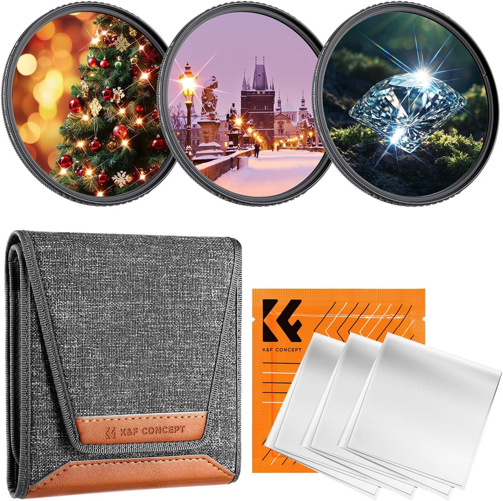 K&F CONCEPT 49mm Star Filters Kit (3pcs) 4 Points 6 Points 8 Points Cross Screen Starburst Filters Set -18 Layer Coating Ultra Slim Optical Glass Camera Lens Filter with 3 Cleaning Cloth