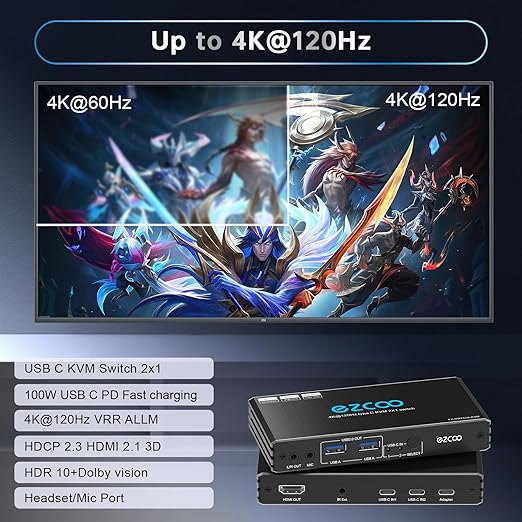 4K@120Hz USB-C HDMI2.1 KVM Switch for 2 Laptops with 2 USB 2.0 Ports L/R MIC Out Share 1 Monitors Keyboard Mouse Hard Drive Printer