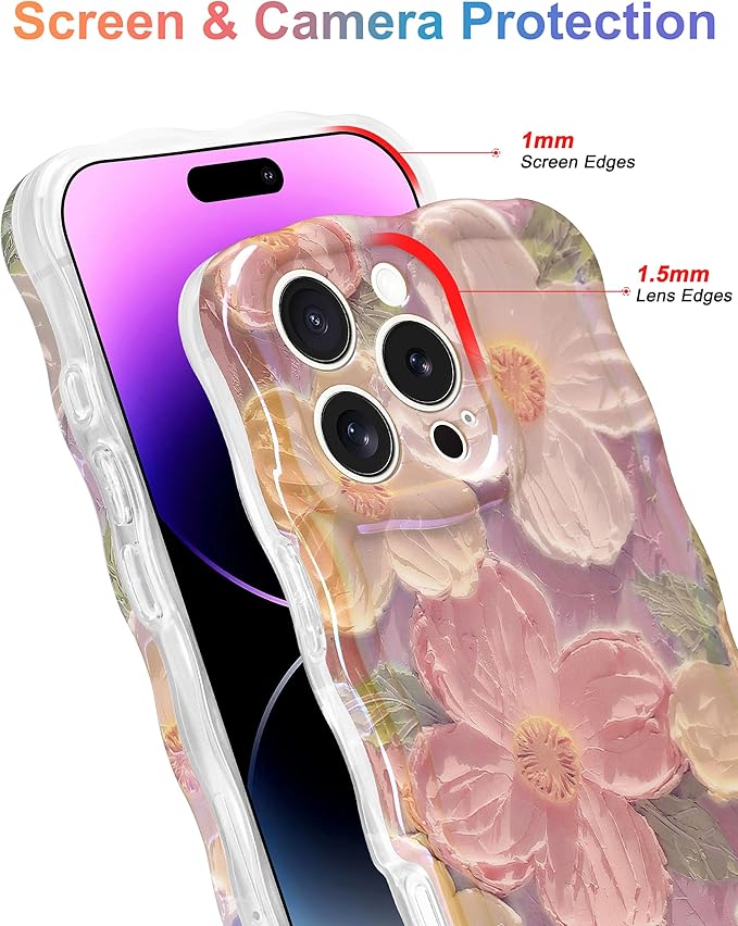 Jusy Case for iPhone 15 Pro Max, Colorful Retro Oil Painting Printed Flower Laser Blue Glossy Pattern Cute Curly Wave Phone Case Soft TPU Cover for Girly Women -Pink