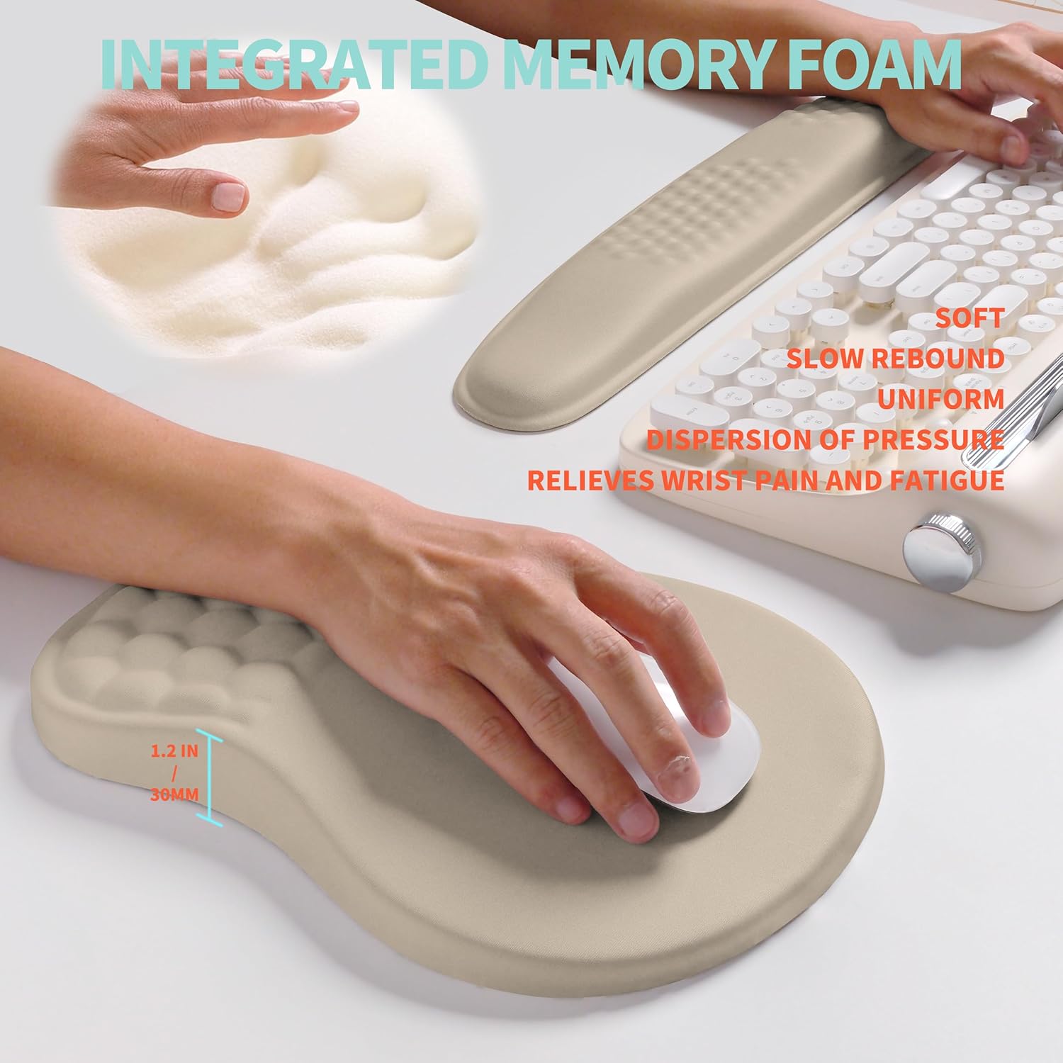2-in-1 Ergonomic Set, Wave Rise Keyboard Wrist Rest and Massage Bulge Slope Mouse Pad Wrist Support, Cushion Memory Foam Integrated to Relieve Wrist Pain, Apricot