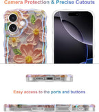 Jusy Compatible with iPhone 16 Plus, Colorful Retro Oil Painting Printed Flower Laser Glossy Pattern Cute Curly Wave Phone Case Soft TPU Cover for Girly Women - Light Purple