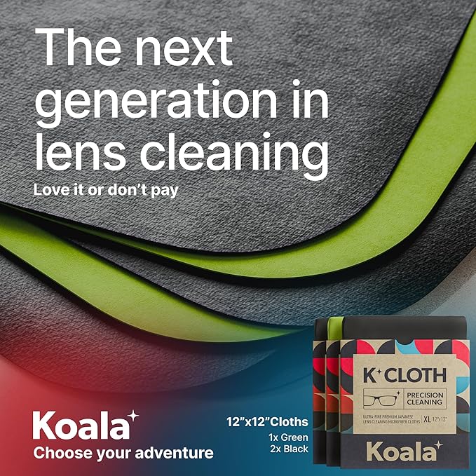 Koala Lens Cleaning Cloth | Japanese Microfiber | Glasses Cleaning Cloths | Eyeglass Lens Cleaner | Eyeglasses, Camera, VR/AR Headset, and Screen Cleaner | Black & Green (Pack of 3)